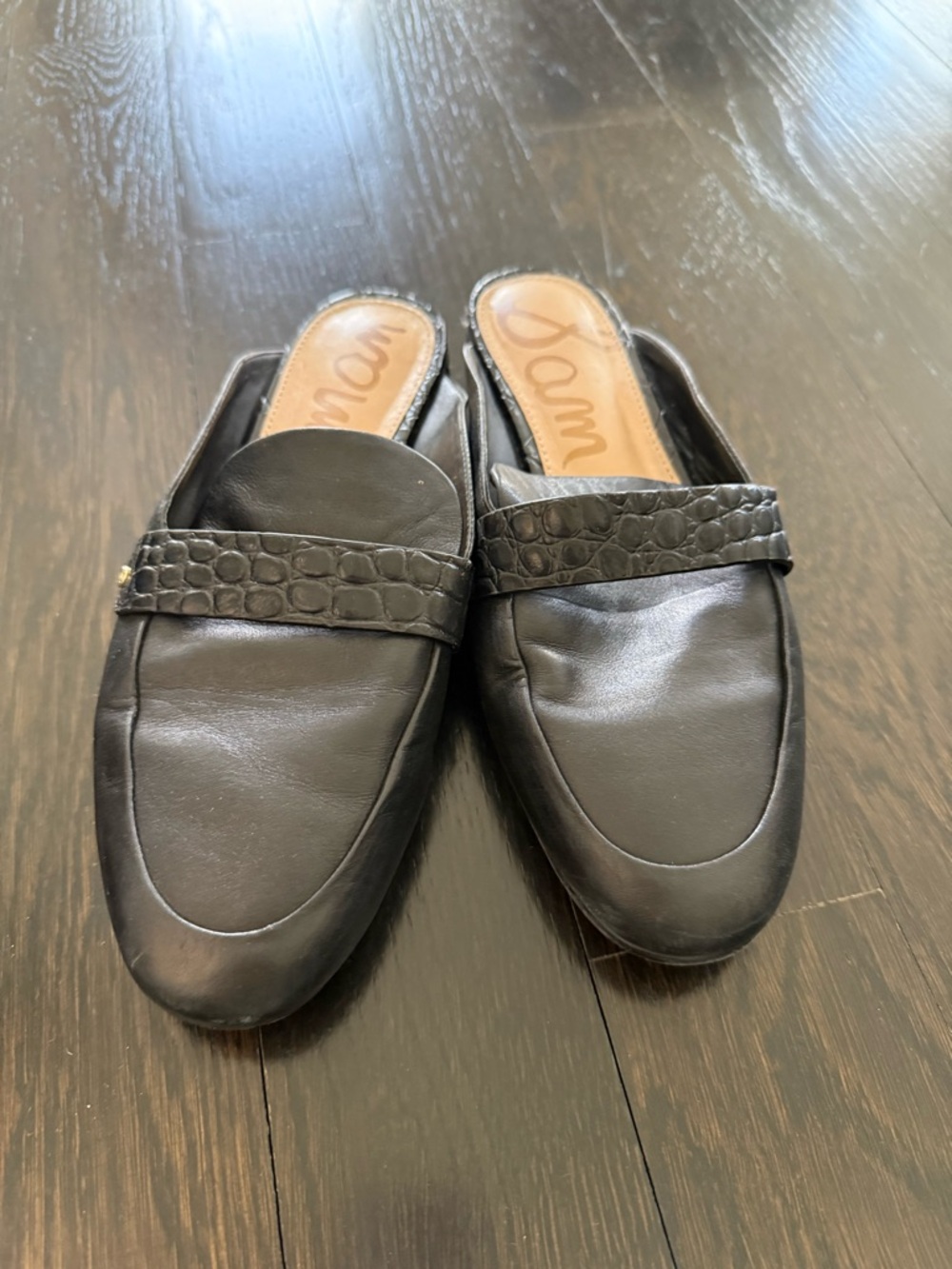 Sam Edelman Black Leather Slip-On Loafers with Croc-Embossed Strap